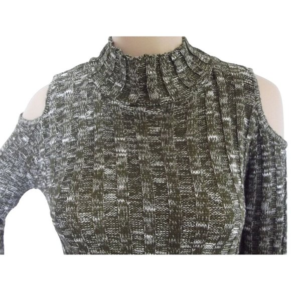 Knit Minded Small Green & White Marled Long Sleeve Cold Shoulder Sweater - Picture 2 of 7